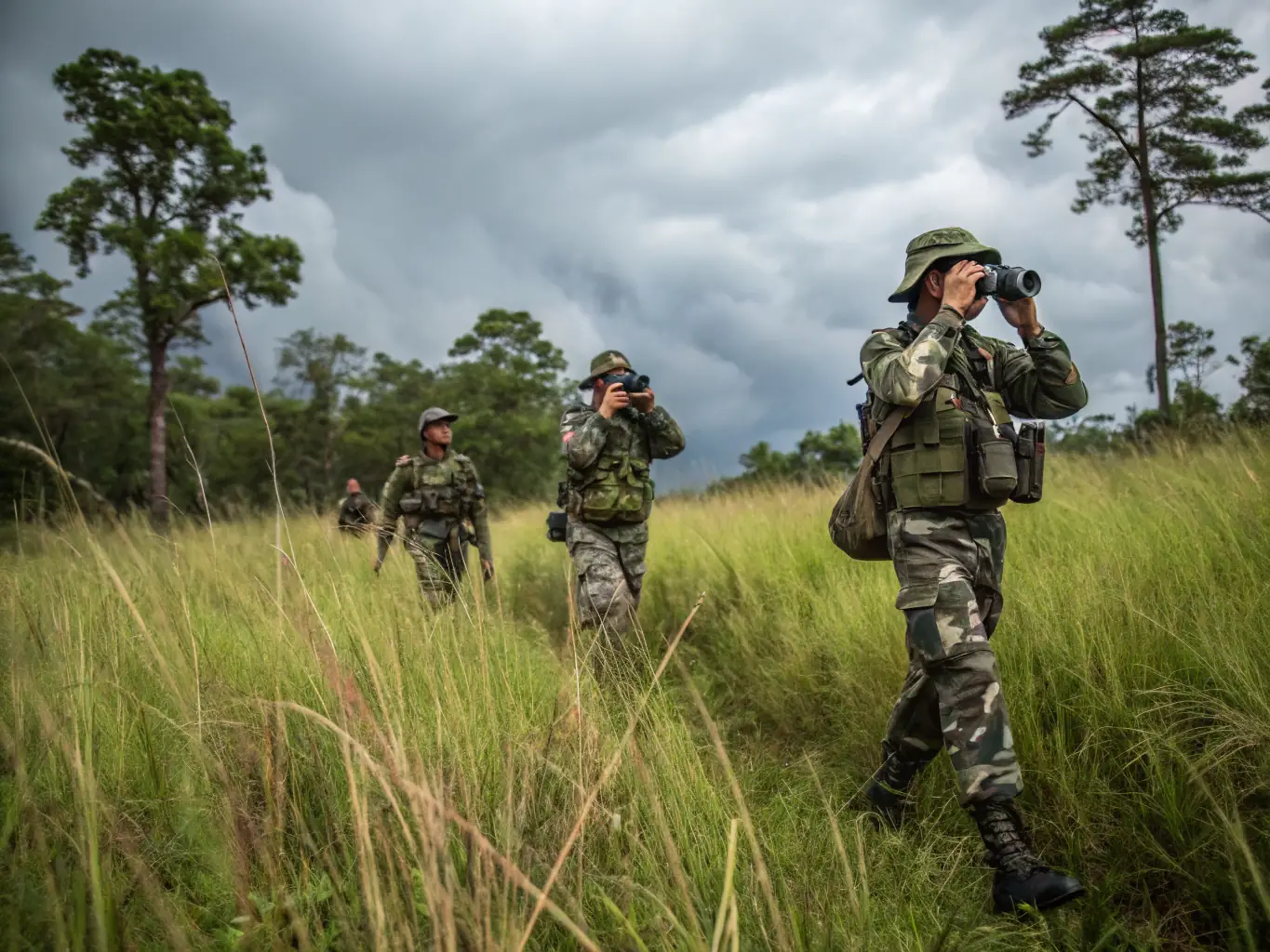 A ranger patrolling a forest area with an anti-poaching dog, symbolizing the association's dedication to protecting wildlife from illegal hunting.