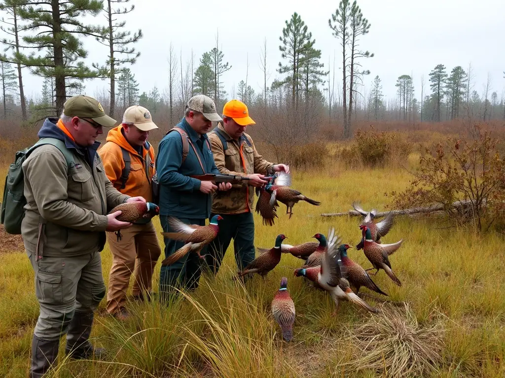 A group of volunteers releasing young pheasants into a field as part of a repopulation program, showcasing the association's commitment to increasing game populations.