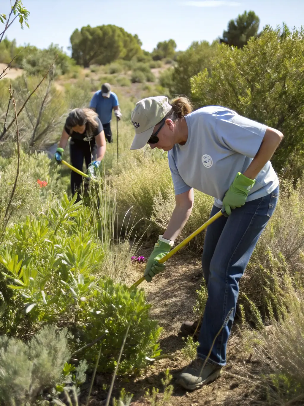 A picture of a team removing invasive species from a local forest, illustrating the organization's efforts to protect native wildlife habitats.