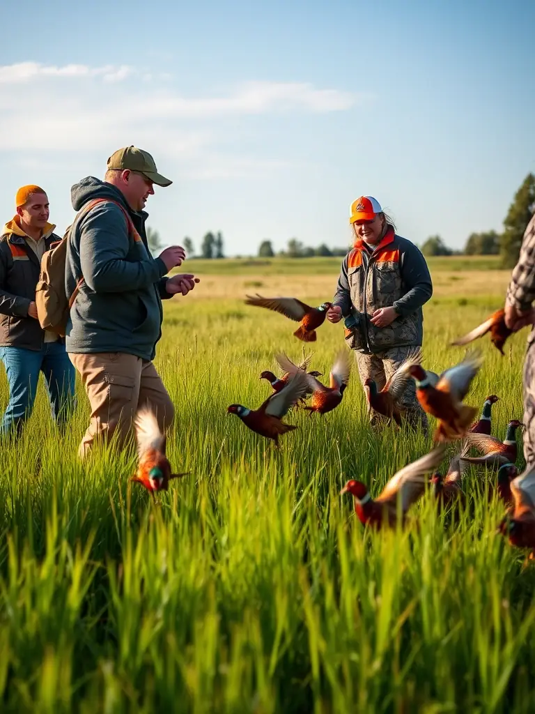 A photograph depicting a group of volunteers releasing pheasants into a managed habitat, showcasing the organization's commitment to game repopulation efforts.
